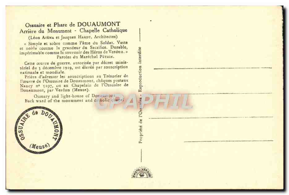 Ossuaire et Phare de Douaumont — Arrière du Monument - Chapelle Catholique — (Léon Aréma et Jacques Hardy, Architectes) — Verso