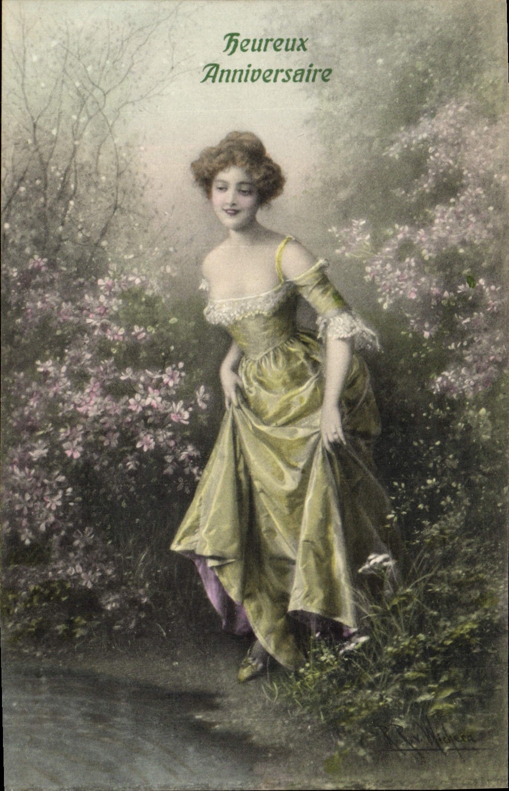 Femme en robe verte dans un jardin — 'Heureux Anniversaire' — R.W. Wihner, Nr. 517a