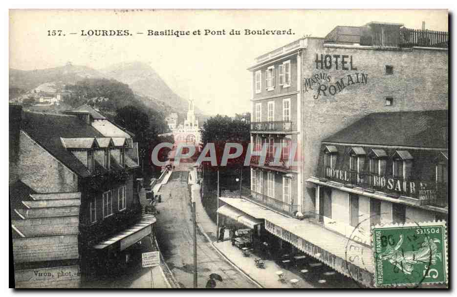 CPA Lourdes Basilique et Pont du Boulevard Hotel Marius Romain Hotel Rosaire