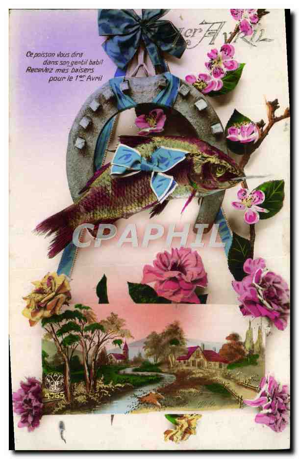 CPA Fantaisie 1er avril Poisson Fer a cheval Fleurs 