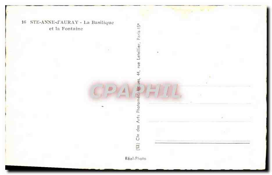 CPM Ste Anne D'Auray La Basilique et la Fontaine — Verso