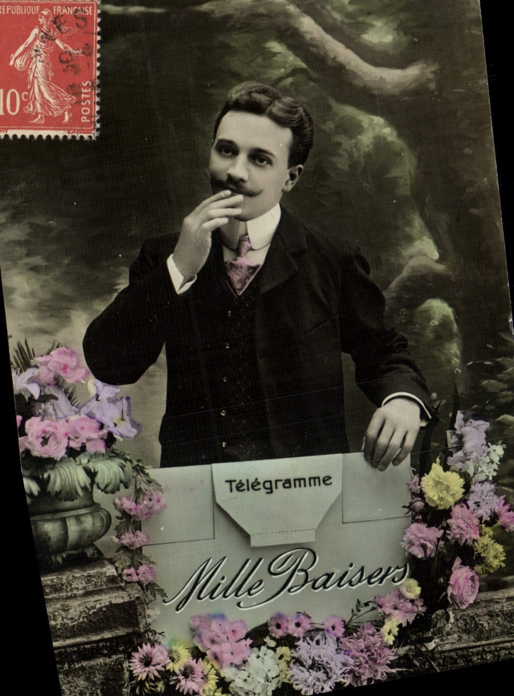 Homme à la moustache — télégramme 'Mille Baisers' — éditeur inconnu, n° de série non visible