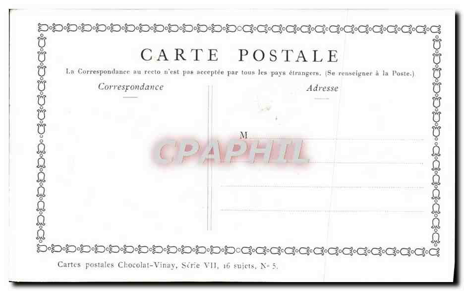 Concert Pastorale — D'après Lancret — Cartes postales Chocolat-Vinay, Série VII, 16 sujets, N° 5 — Reverso