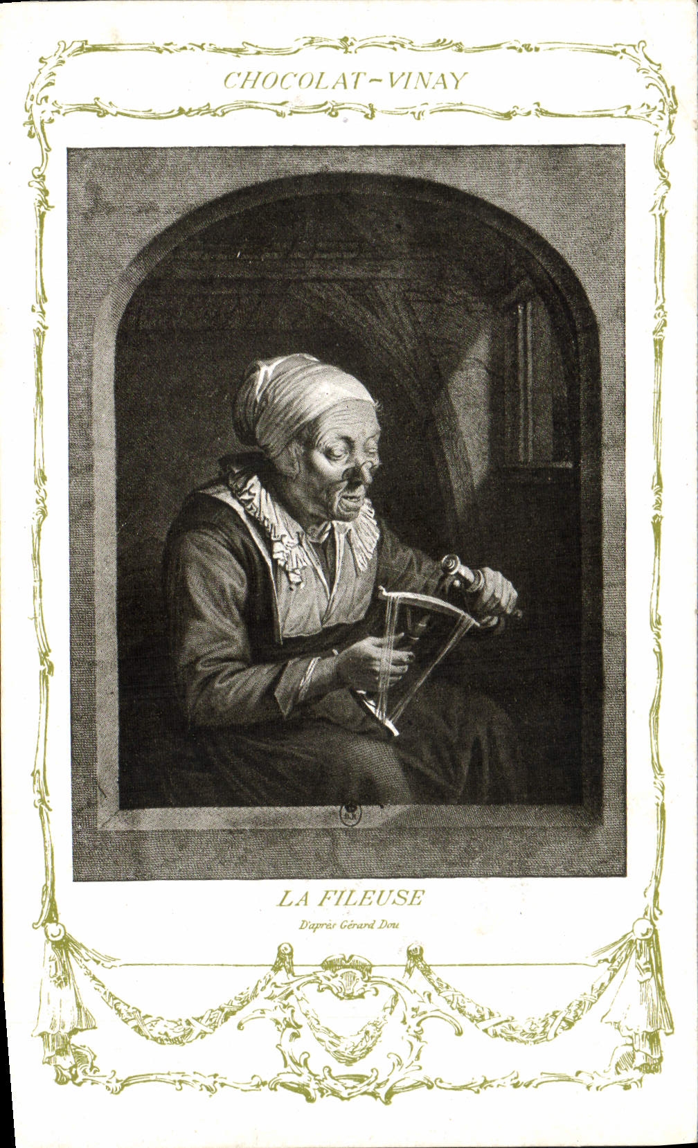 La Fileuse — D'après Gérard Dou — Chocolat-Vinay, Série VII, N° 8
