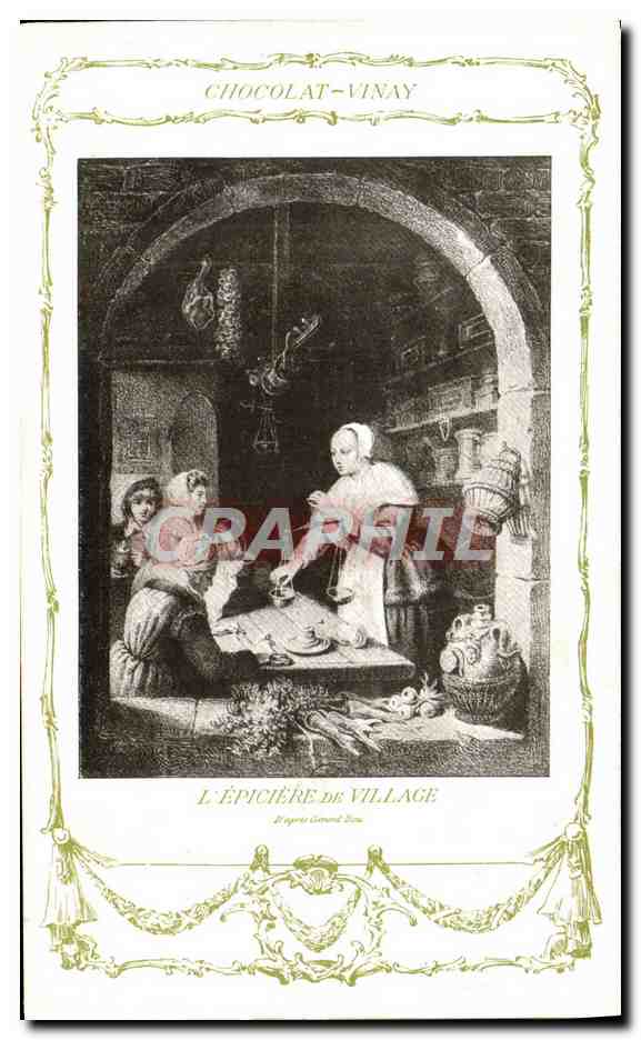 L'ÉPICIERE DE VILLAGE — gravure d'après Gérard Zima — Chocolat-Vinay, Série VII, N° 13