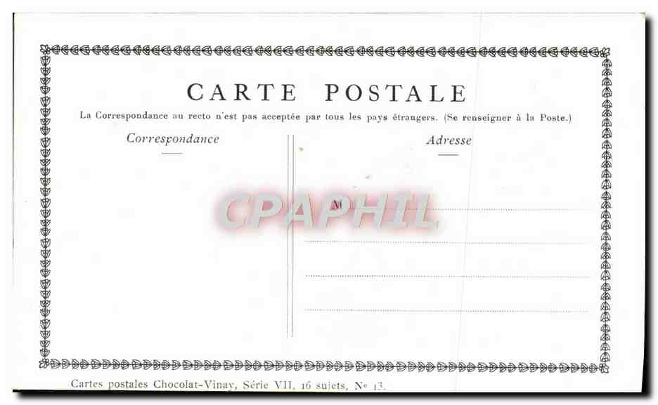 L'ÉPICIERE DE VILLAGE — gravure d'après Gérard Zima — Chocolat-Vinay, Série VII, N° 13 — Reverso