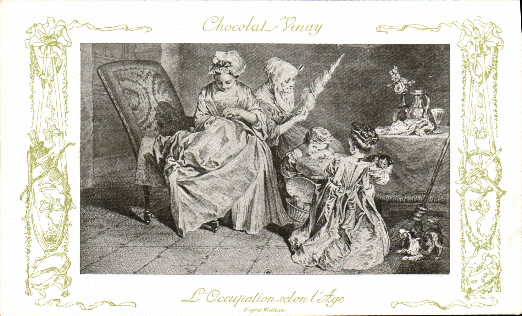 CPA Fantaisie Publicite Chocolat Vinay L'occupation selon l'age Watteau Fileuse Enfants Chat Chien