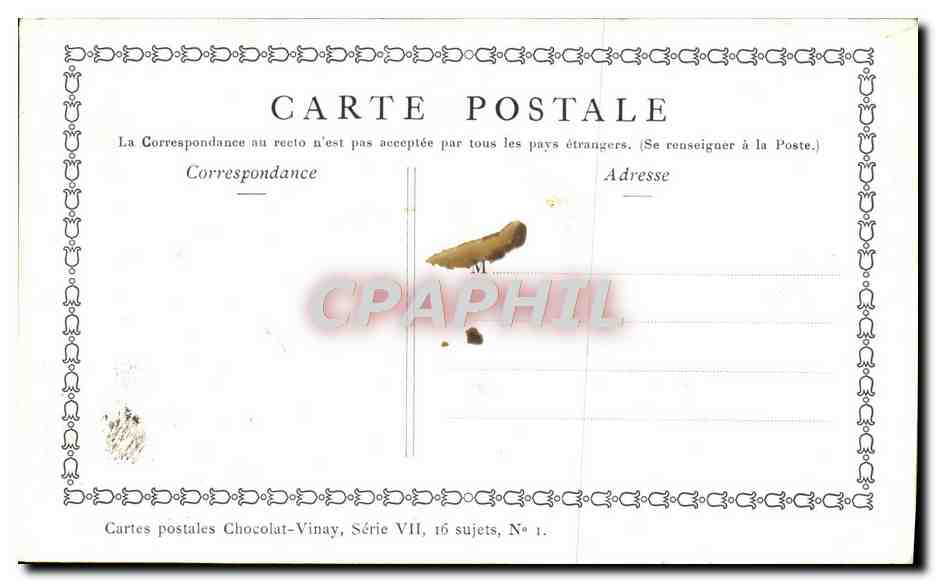CPA Fantaisie Publicite Chocolat Vinay L'occupation selon l'age Watteau Fileuse Chat Chien Enfants — Rückseite