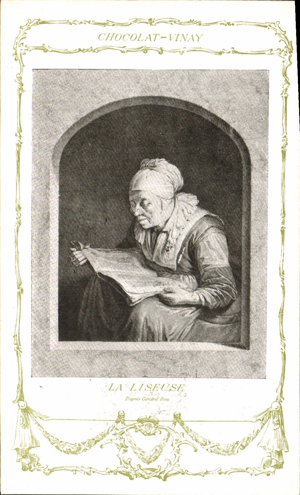 La Liseuse — D'après Gérard Dou — Chocolat-Vinay, Série VII, N° 11