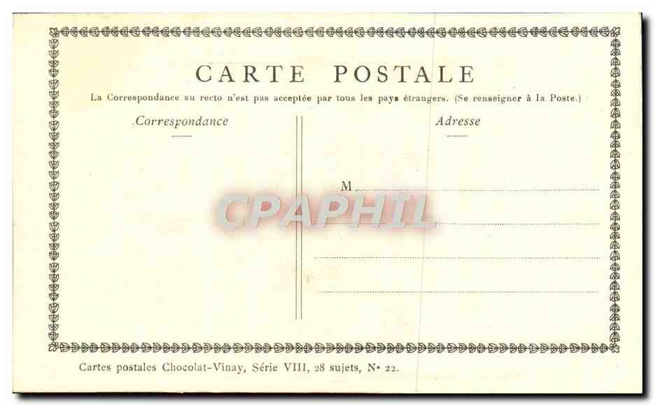 CPA Fantaisie Publicite Chocolat Vinay Le joueur de Vielle Saint Aubin — Verso
