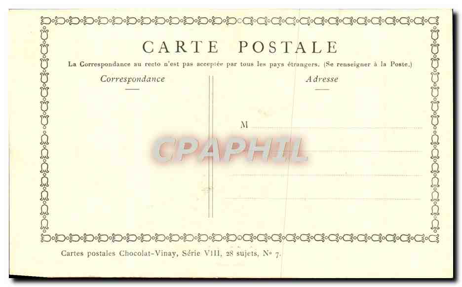 La Vieilleuse — scène de campagne — Chocolat-Vinay, Série VIII, N° 7 — Verso