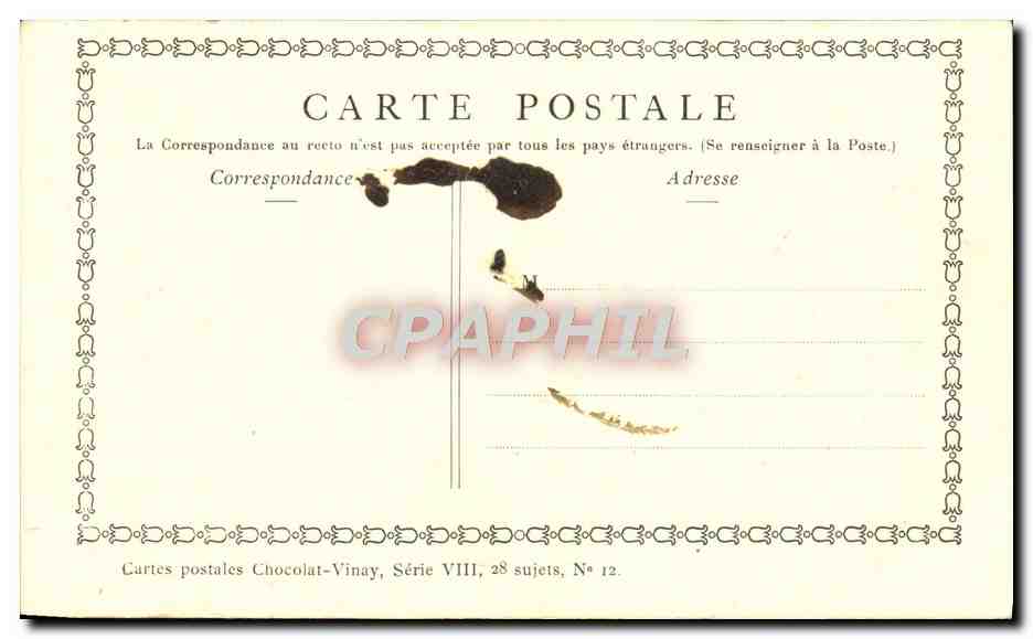 Mademoiselle Camargo — danseuse au jardin — Chocolat-Vinay, Série VIII, N° 12 — Verso