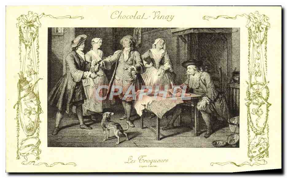 CPA Fantaisie Publicite Chocolat Vivay Les troqueurs Lancret Chien