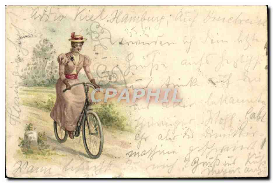 Femme à vélo — carte postale allemande — éditeur non identifiable