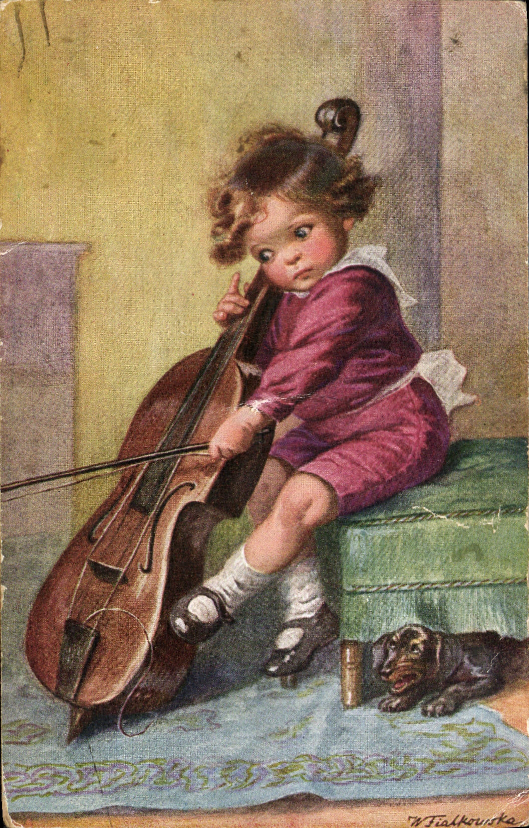 CPA Fantaisie Enfant Violoncelle Chien 