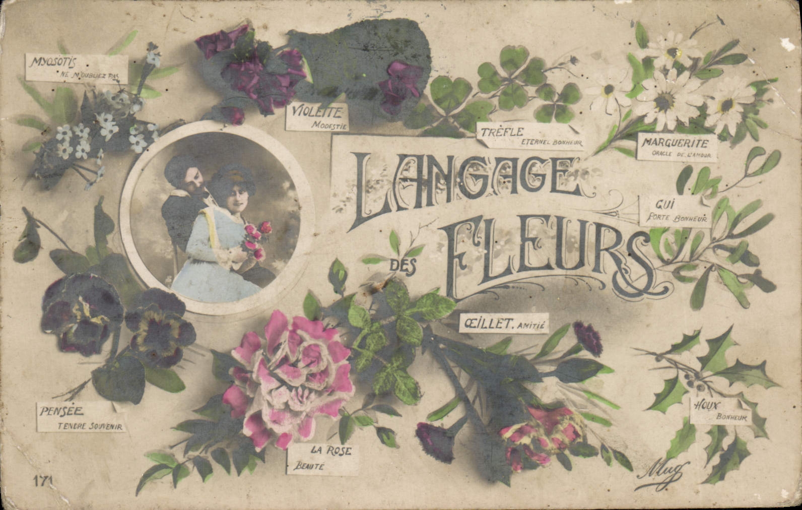 CPA Fantaisie Femme le langage des fleurs Myosotis Pensee Rose Oeillet gui Marguerite Trefle Violette