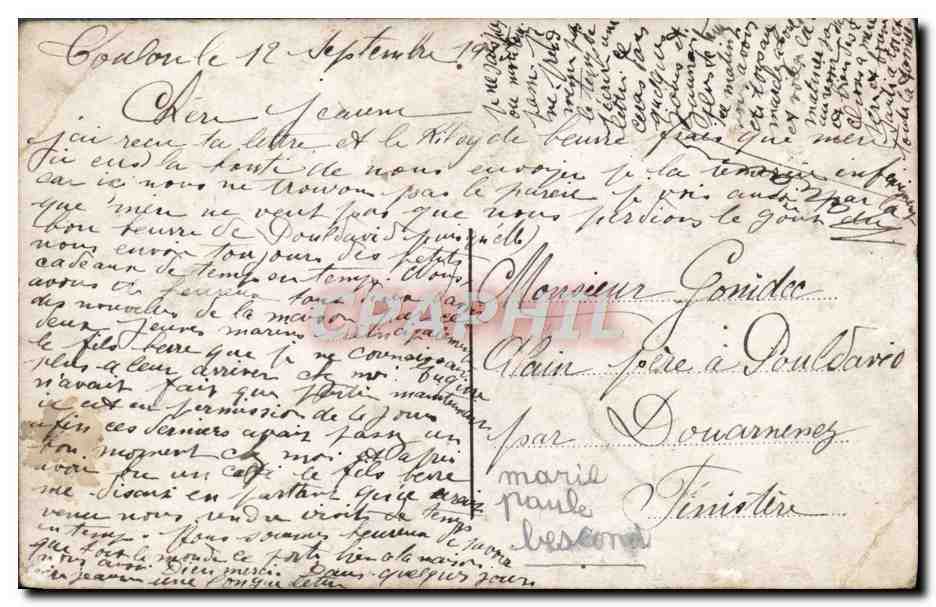 CPA Fantaisie Femme le langage des fleurs Myosotis Pensee Rose Oeillet gui Marguerite Trefle Violette — Verso
