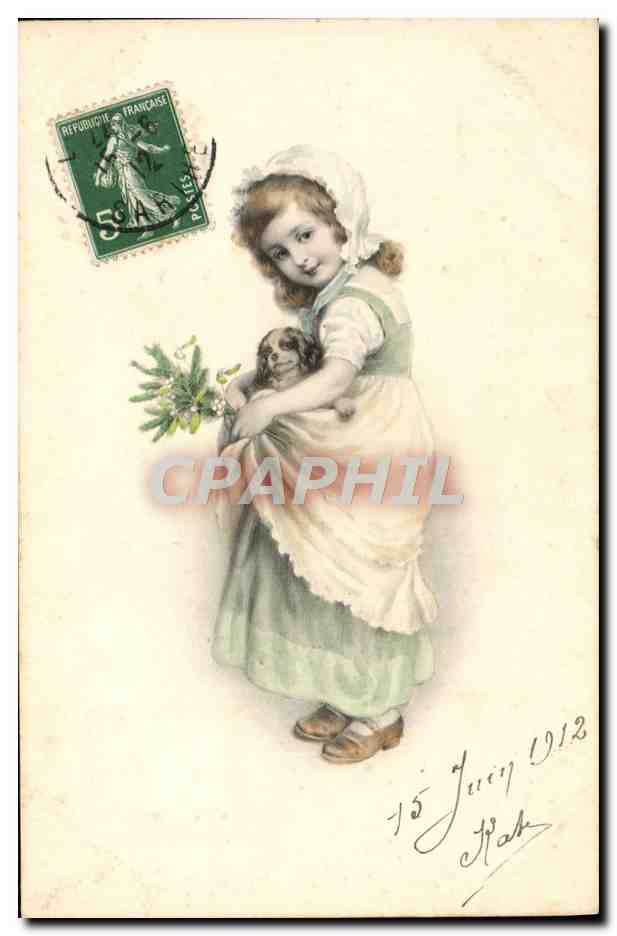Fille tenant un petit chien — avec bouquet — éditeur M. M. Vienne, n° 238