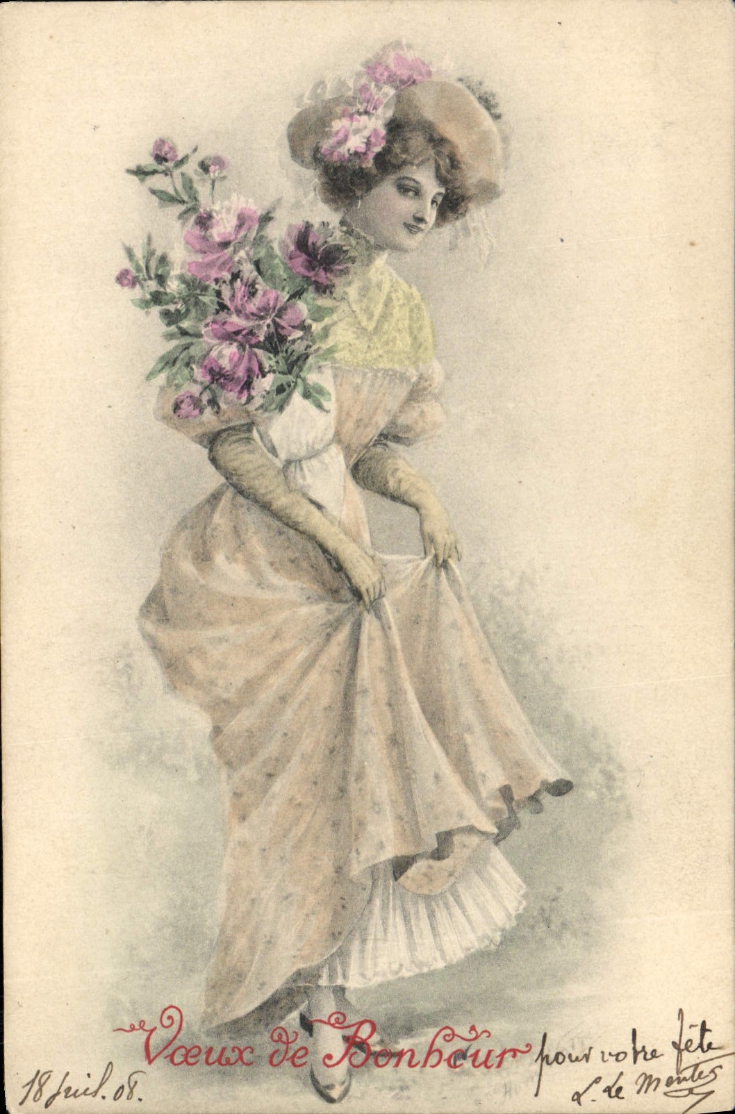 Frau in gestreifter Kleidung mit Blumenstrauß — Glückwünsche zum Fest — A. S. Serie Blumenpoesien W. Poesies des fleurs