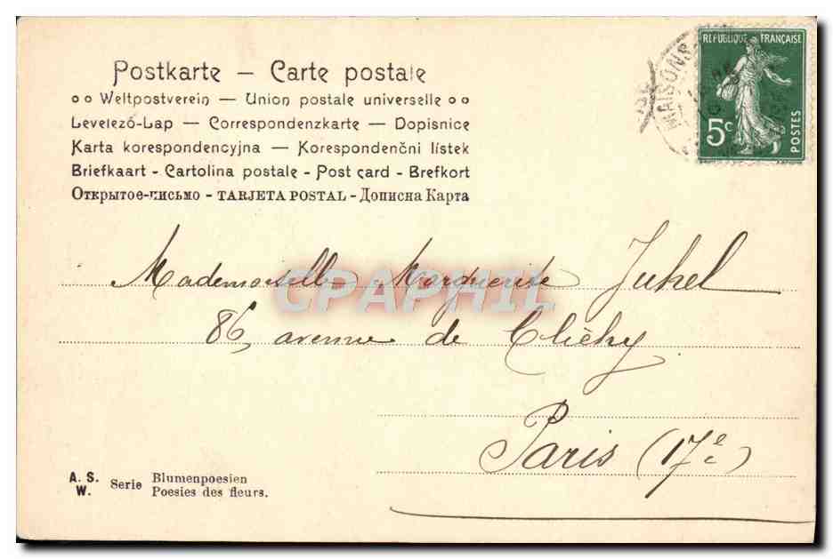 Frau in gestreifter Kleidung mit Blumenstrauß — Glückwünsche zum Fest — A. S. Serie Blumenpoesien W. Poesies des fleurs — Rückseite
