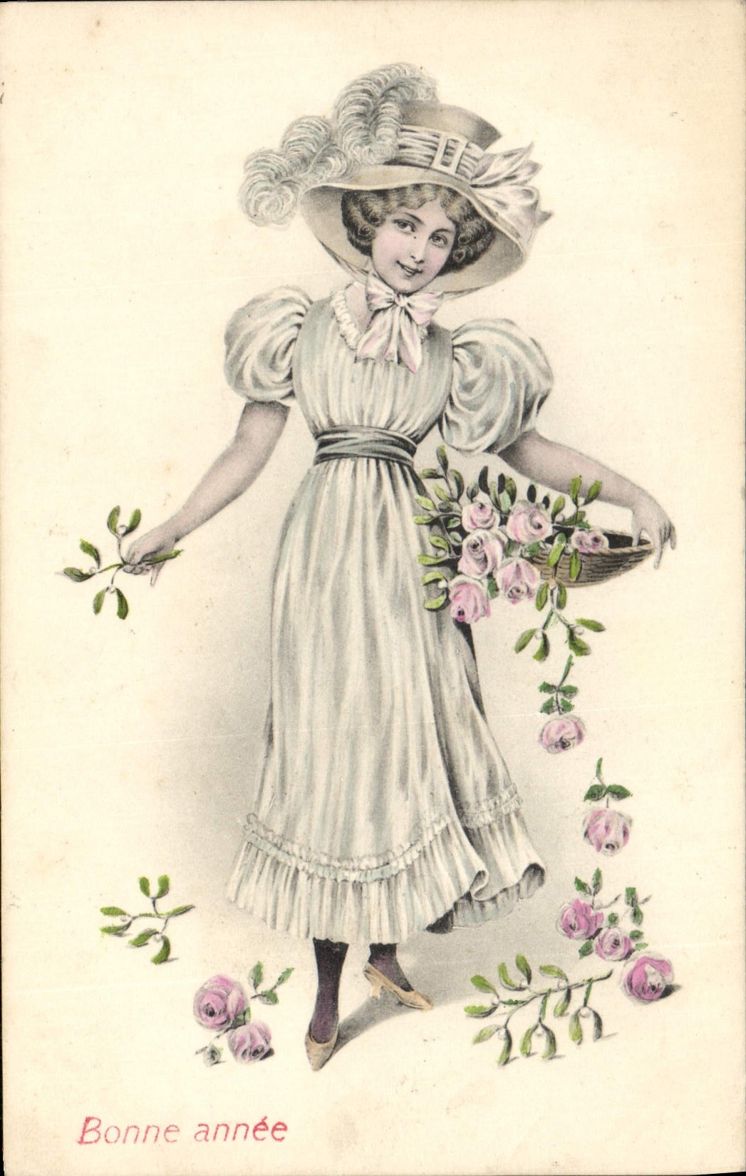 Junge Frau mit Rosen — Frohe Neujahr — Serie 502
