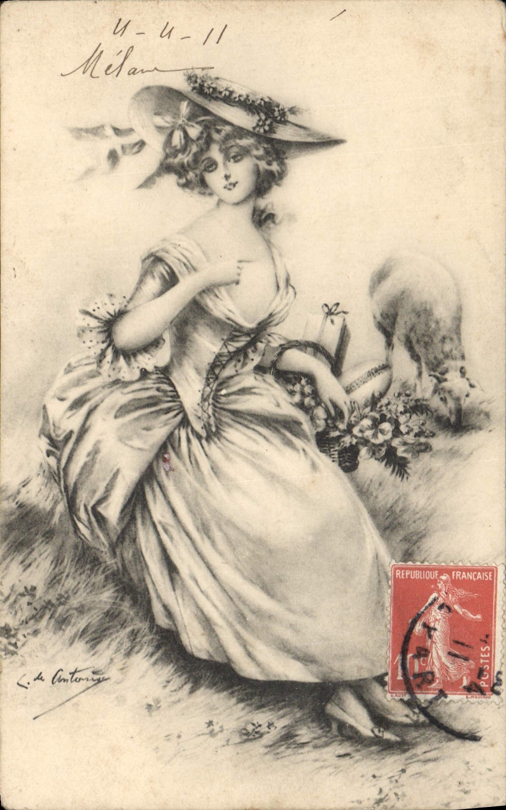 Mujer en vestido de baile y sombrero — con perro — editor C. de Centenay, serie 8008