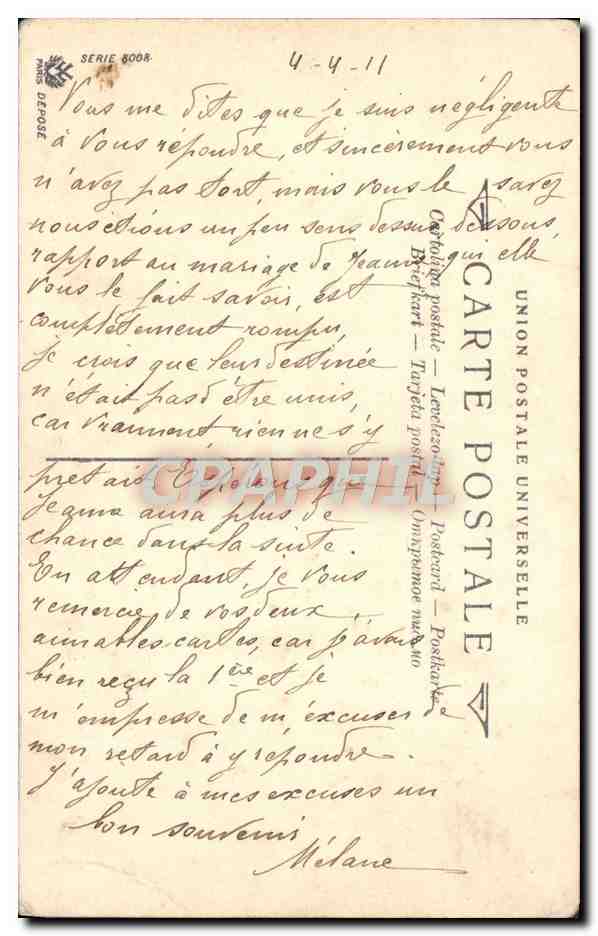 Mujer en vestido de baile y sombrero — con perro — editor C. de Centenay, serie 8008 — Reverso