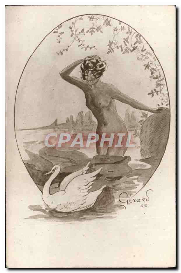 Nuda e cigno — disegno firmato Gerard 1919 — editore sconosciuto
