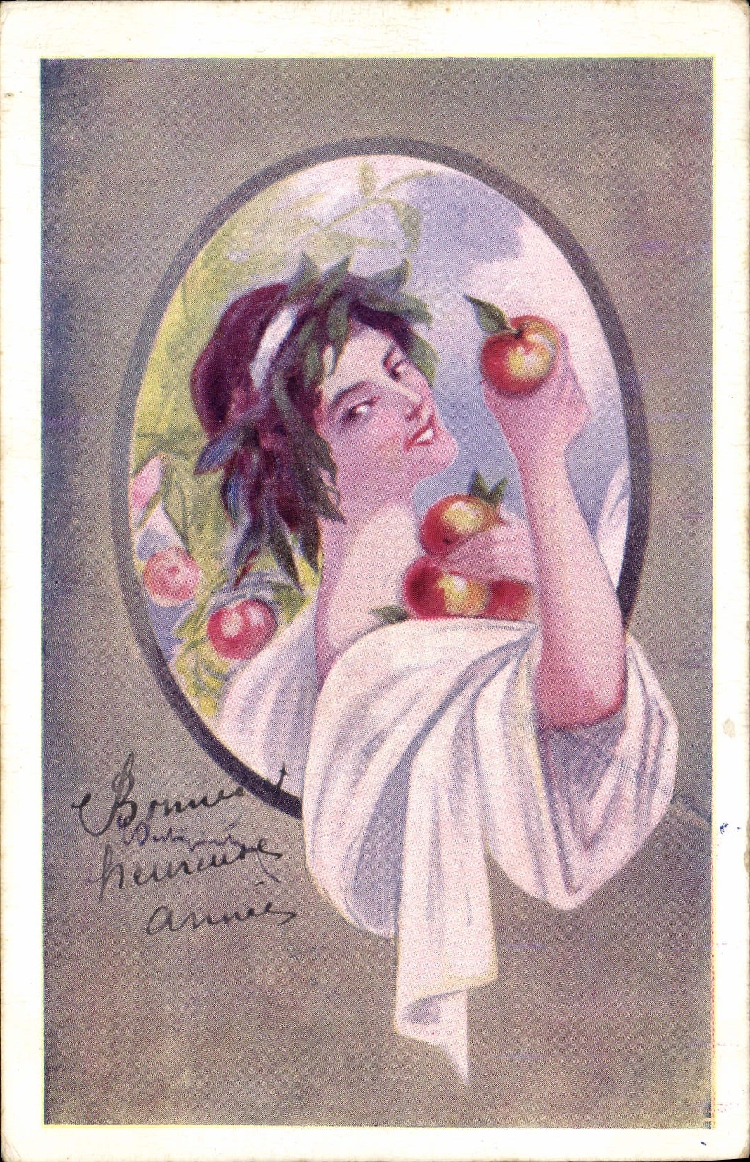Joven mujer con manzanas — Buena y feliz Año — Editor Prise Paris, n° 181