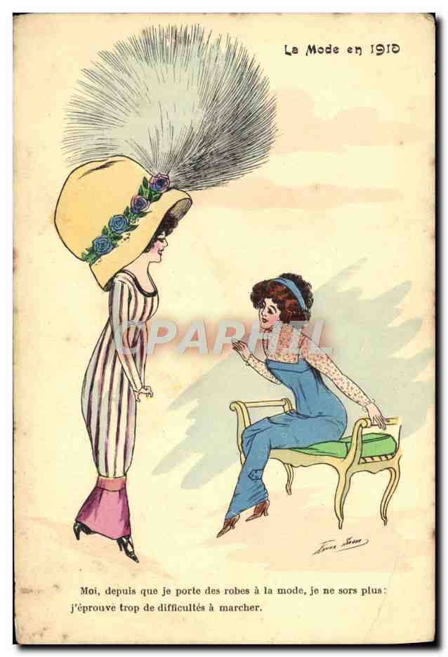 Die Mode im Jahr 1910 — Karikatur zweier Frauen — Verlag K. F. Paris