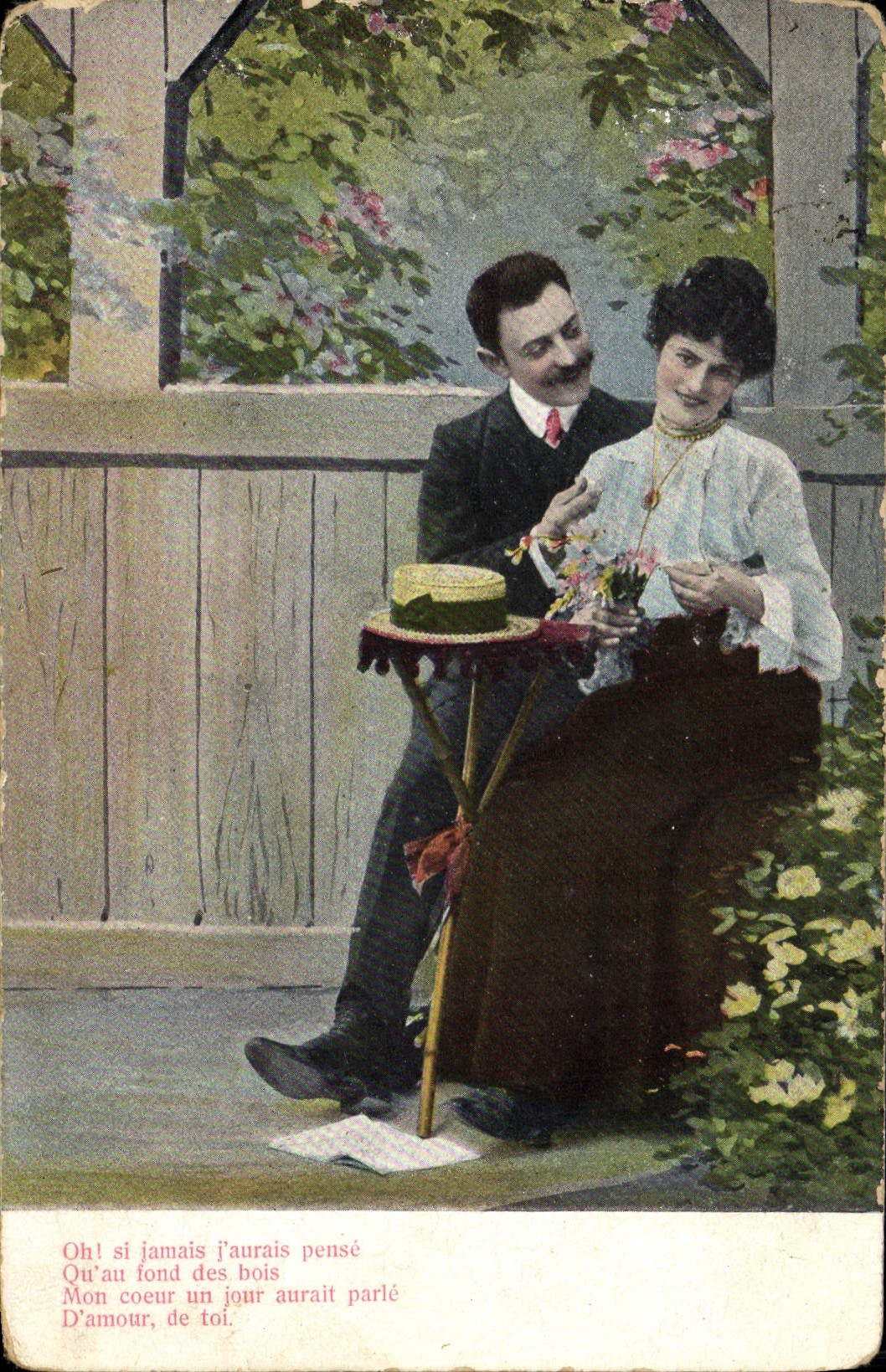 Couple amoureux sous un auvent — texte poétique — Weltpostverein, série 553