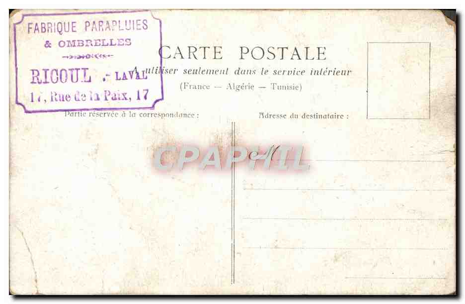 CPA Fantaisie Enfant Poupee Fabrique de parapluies Ombrelles Rue de la Paix Ricoul labal — Rückseite