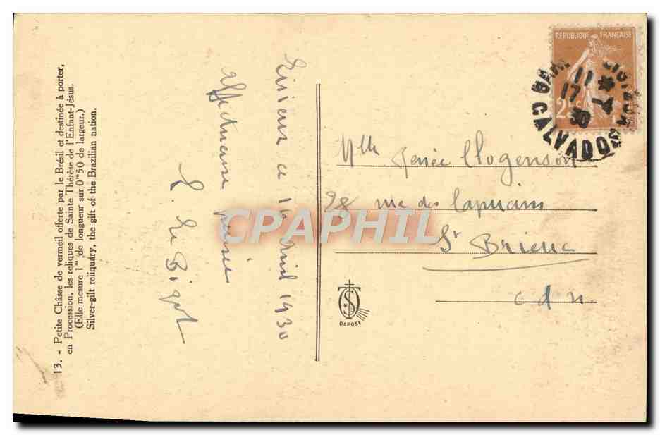Châsse de vermeil — offerte par le Brésil — éditeur DEPOSA, n°13 — Back