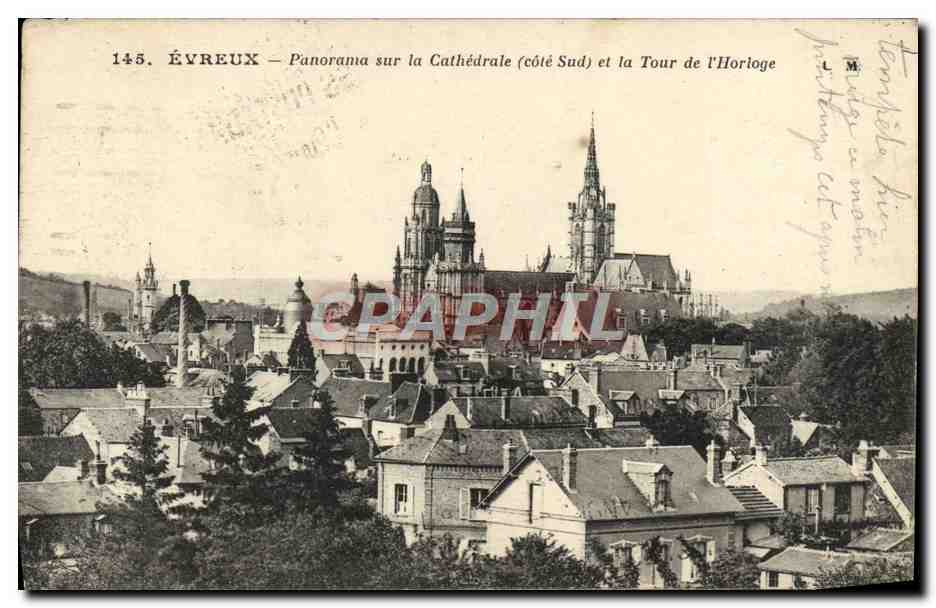 CPA Evreux Panorama Sur La Cathedrale et la tour de l'horloge 