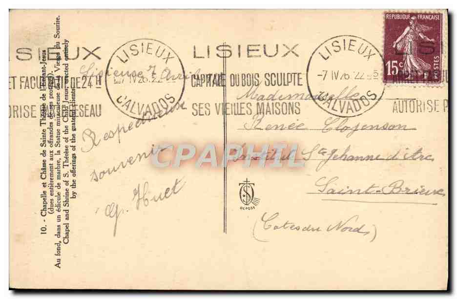 CPA Chapelle Et Chasse De Sainte therese De l'Enfant Jesus Lisieux  — Verso