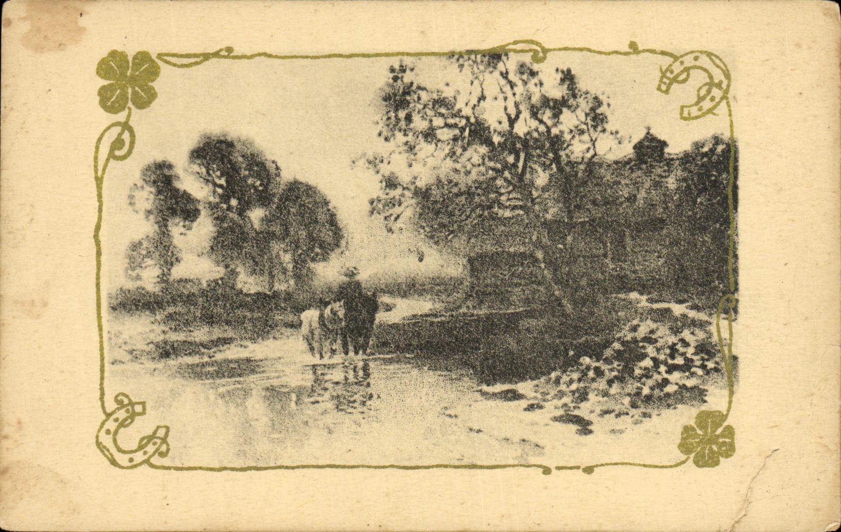 CPA Fantaisie Passage de Gue Chevaux