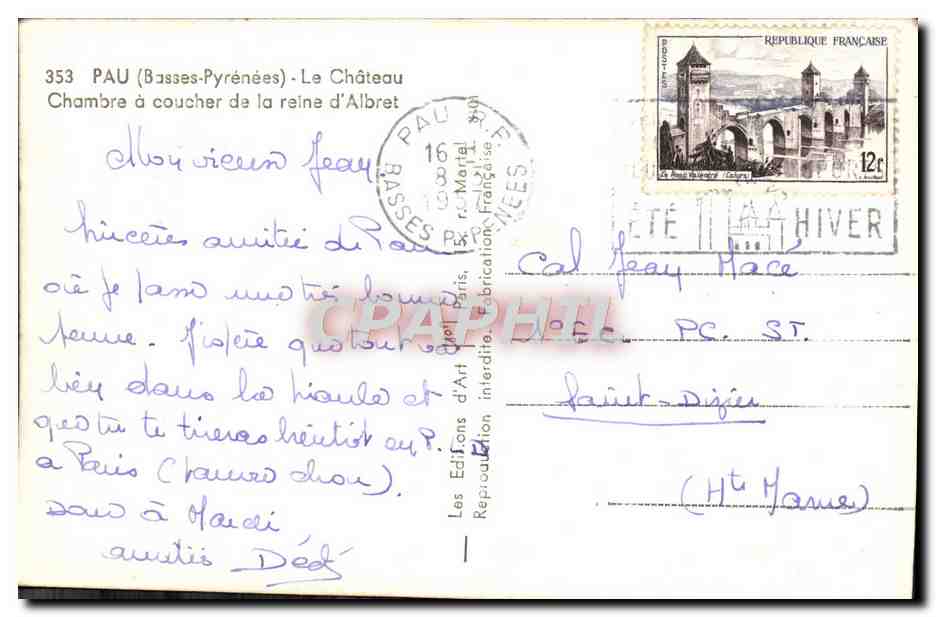 CPA Pau Le Chateau Chambre a coucher de la reine d'Albret — Verso