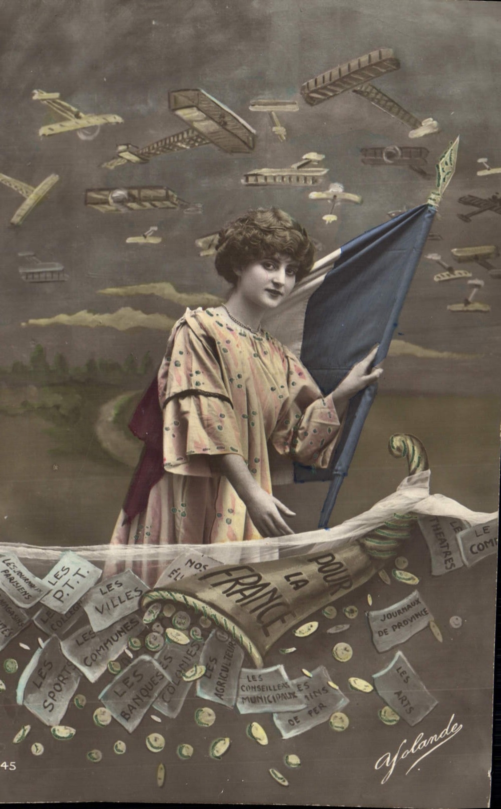 Femme tenant un drapeau français — illustration de la souscription nationale pour l'aviation militaire — éditeur Yolande, n°45
