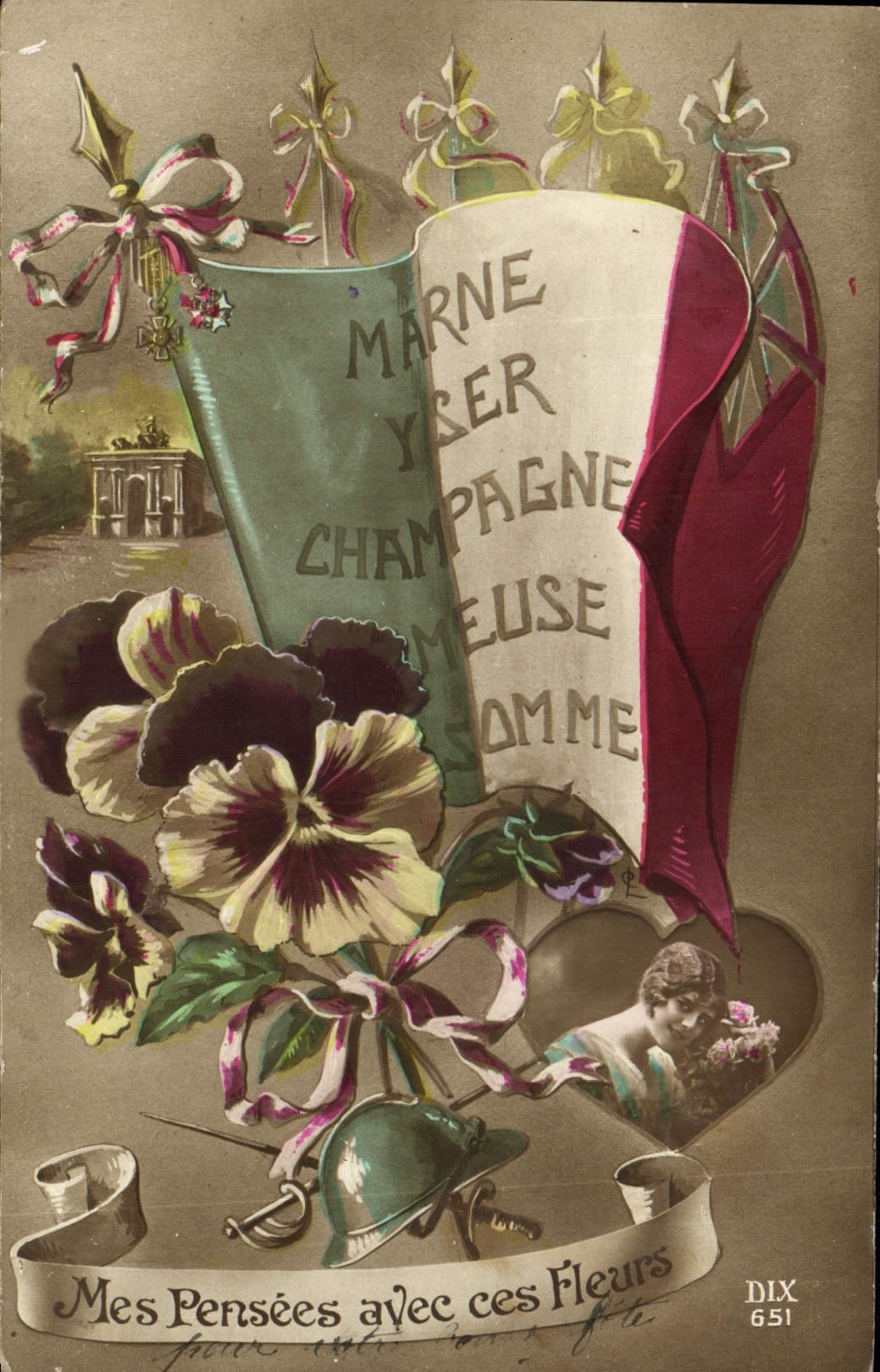 CPA Mes Pensees avec ces Fleurs Yser Marne Champagne Meuse Somme Militaria Drapeau