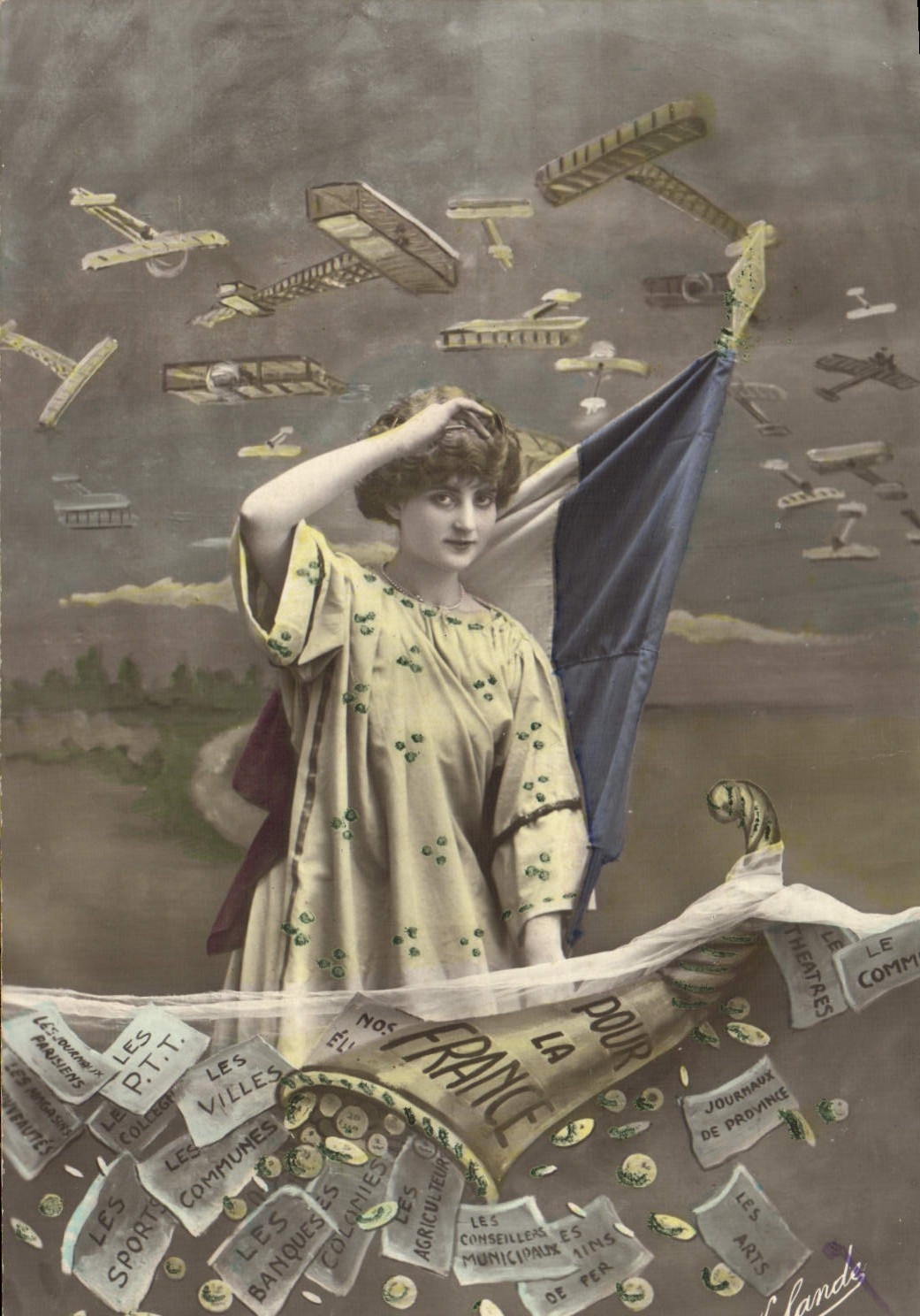 France — Sujet patriotique avec avions et drapeau — Éditeur : L. Landes