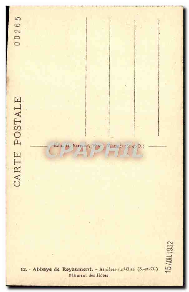 Abbaye de Royaumont — Bâtiment des Hôtes — Edit. G. Barrault, Phot. Viarmes (S.-et-O.) — Rückseite