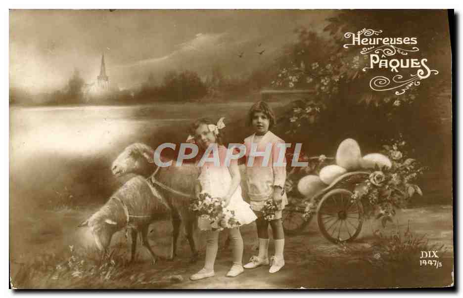 CPA Heureuses Paques Enfants Moutons 