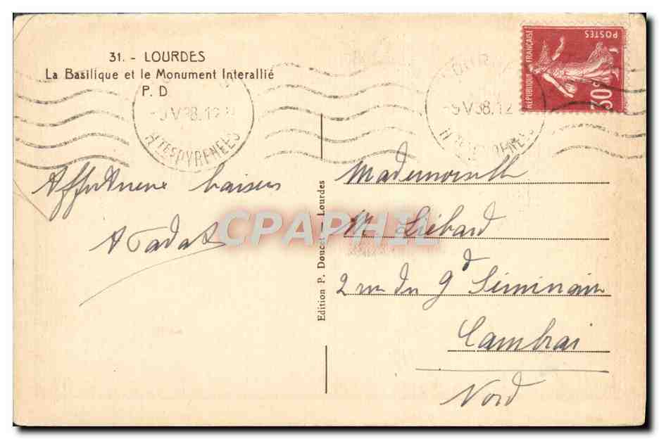 CPA Lourdes La Basilique et le Monument Interallie — Verso