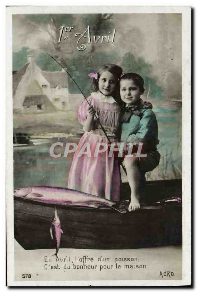 CPA Fantaisie Enfants Poisson 1er avril Peche Pecheur 