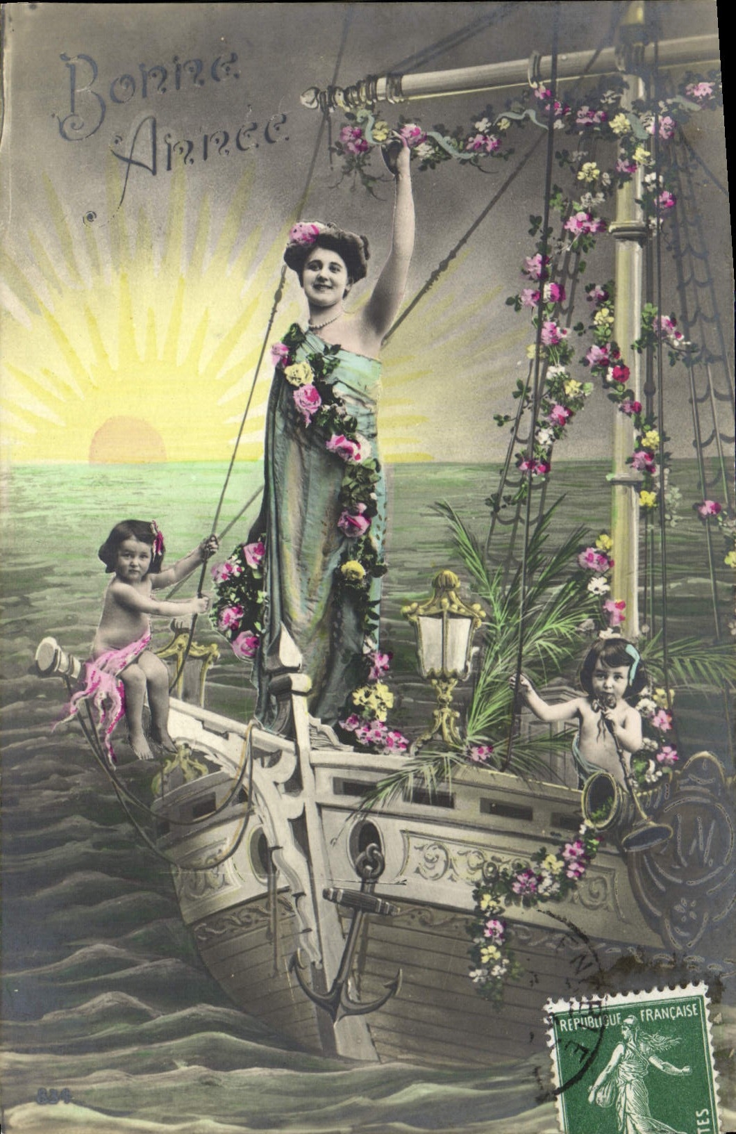 CPA Fantaisie Femme Enfants Bateau