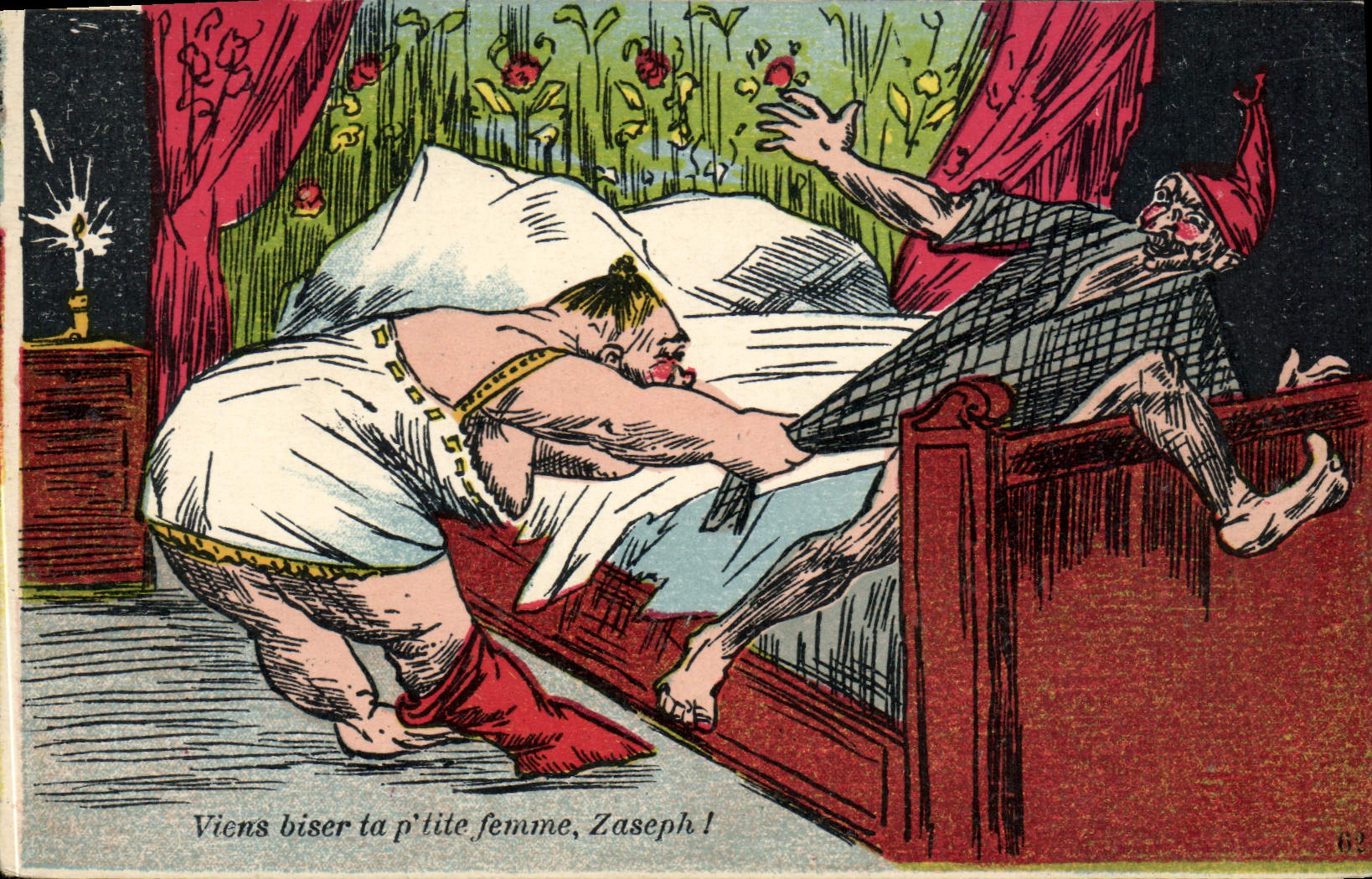 Sujet humoristique — gnome et femme endormie — J. NOZAIS, Nantes