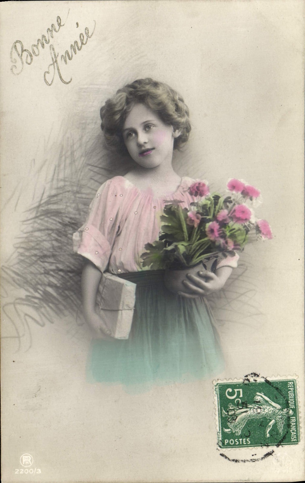 Mädchen mit Blumenbouquet — Frohes Neues Jahr — Verlag CPAPHIL, Nr. 2200/3