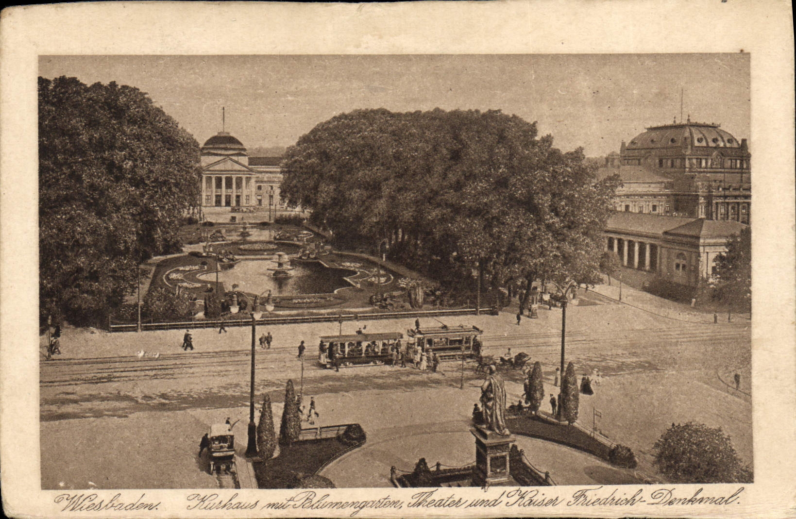 Wessbaden — Kursaal mit Blumengarten, Theater und Kaiser Friedrich-Denkmal — Kupferdruck