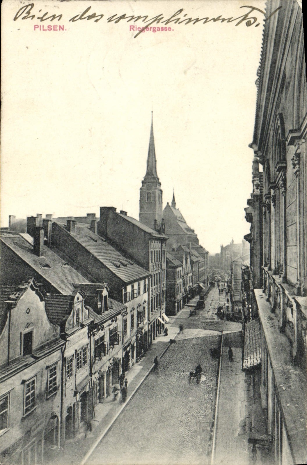 Pilsen — Rue Riegargasse avec église — Hermann Selb, Meissen, n°17