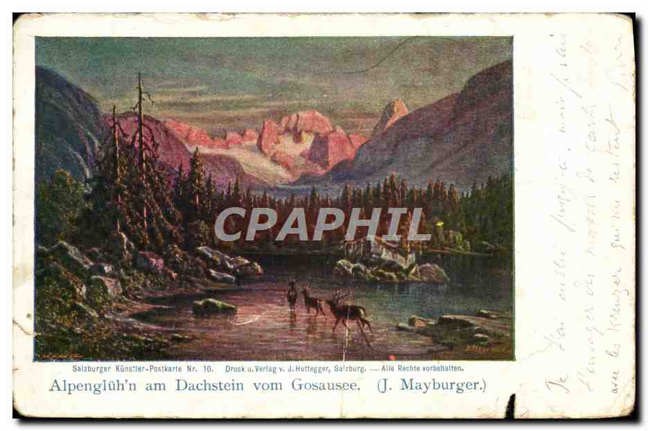 Antike Ansichtskarte Alpengluhn am Dachstein vom Gosausee J Mayburger